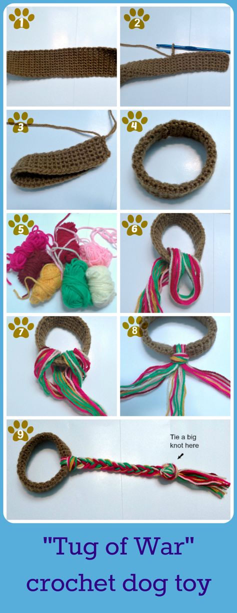 Learn how to crochet a simple and fun tug of war dog toy in this free crochet pattern with photo tutorial. All you need is some leftover yarn. Crochet Cat Toys, Diy Dog Toys, Confection Au Crochet, Rope Dog, Dog Crafts, Crochet Dog, Crochet Cat, Diy Dog Stuff, Dog Stuff