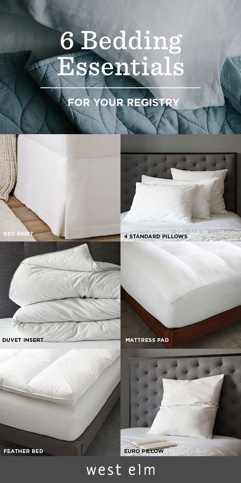 Don’t forget to add these 6 bedding essentials to your registry: 1 bed skirt, 4 standard pillows, 1 duvet insert, 1 mattress pad, 1 feather bed, and a set of euro pillows. Everything you need for a good night’s sleep! Bed Essentials, Euro Pillows, Feather Bed, Bridal Registry, Bedding Essentials, Apartment Life, Bed Skirt, Mattress Pad, First Apartment