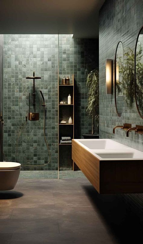 Nature-Inspired Sage Green Bath Tiles: Connect with nature using sage green bath tiles. Earthy and calming, these tiles evoke a sense of the outdoors, turning your bathroom into a natural retreat. See more on Nymphs Daily Blog. Green And Sand Bathroom, Nature Spa Bathroom, Dark Green And Wood Bathroom, Olive Green Bathroom Tiles, Large Bathroom Tiles Floor, Celadon Bathroom, Olive Green Tile Bathroom, Green And Natural Wood Bathroom, Dark Sage Green Bathroom