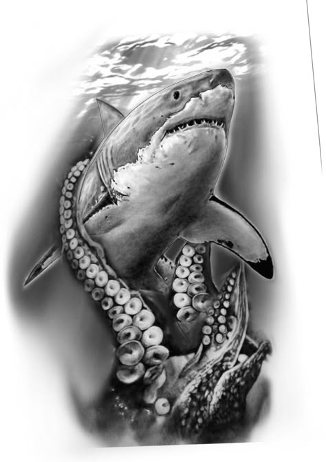 Shark Octopus Tattoo, Shark And Octopus Tattoo, Shark Tattoo Design Drawings, Underwater Tattoo Design, Tattoo Mar Ocean, Ocean Tattoo Sleeve, Shark Tattoo Design, Ship Tattoo Sleeves, Shark Tattoo Ideas