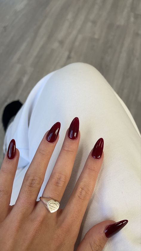 Dark Maroon Almond Nails, Dark Burgundy Almond Nails, Long November Nails, Red Nails White Chrome, Dark Aethstetic Nails, Fem Fatale Nails, Nails That Go With Burgundy Dress, Wine Red Oval Nails, Nail Inspiration Fall 2024