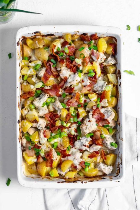 Easy High Protein Dinner, High Protein Dinner Recipes, Oh Snap Macros, Loaded Potato Casserole, Teriyaki Chicken Casserole, High Protein Recipes Dinner, Protein Dinner Recipes, Loaded Baked Potato Casserole, Chicken Pot Pie Casserole