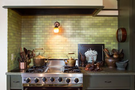 An earthy green kitchen backsplash, and a rich, warm backdrop for classic copper wares.  2x4 Classic Field in Lichen #heathtile Stained Concrete Countertops, Heath Tile, Green Backsplash, Alice Waters, Heath Ceramics, Tile Showroom, Earthy Green, Tile Inspiration, Stained Concrete