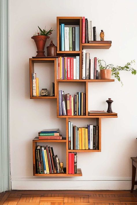 Practical Bookshelf Styling, Small Corner Storage Ideas Bedroom, Bedroom Shelves Design, Small Bedroom Ideas Bookshelves, Floating Bookshelf Bedroom, Wall Book Shelf Ideas Aesthetic, Small Room Bookshelf Ideas, Small Bedroom Corner Ideas, Small Wall Bookshelf Ideas