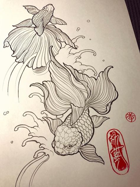 Japanese Goldfish Drawing, Oranda Goldfish Tattoo, Oranda Goldfish Drawing, Japanese Gold Fish Tattoo, Gold Fish Tattoo Design, Japanese Goldfish Tattoo, Sarah Tattoo, Goldfish Tattoo, Goldfish Art