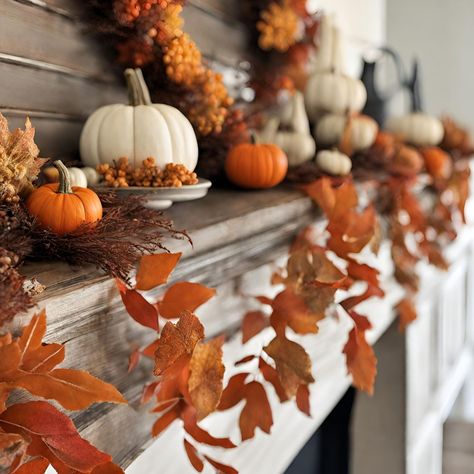 Fall Decor Ideas - Fall Mantel Ideas - Leaf Garland and Mini Pumpkins Leave Garland, Fall Mantle Ideas, Everything Autumn, Outside Paint, English Cottage Decor, Mantel Ideas, Fall Mantle, Cozy Fall Decor, Fall Planters