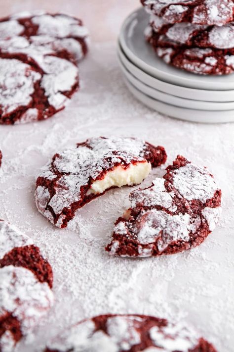 Cheesecake-stuffed red velvet crinkle cookies are truly the ultimate Christmas cookie! Soft, chewy and chocolaty with a cream center, these decadent cookies are basically irresistible. #girlversusdough #redvelvetcookies #crinklecookies #stuffedcookies Decadent Cookies, Red Velvet Crinkles, Red Velvet Crinkle Cookies, Southern Buttermilk Biscuits, Crinkle Cookies Recipe, Yummy Cheesecake, Velvet Cookies, Stuffed Cookies, Red Velvet Cookies