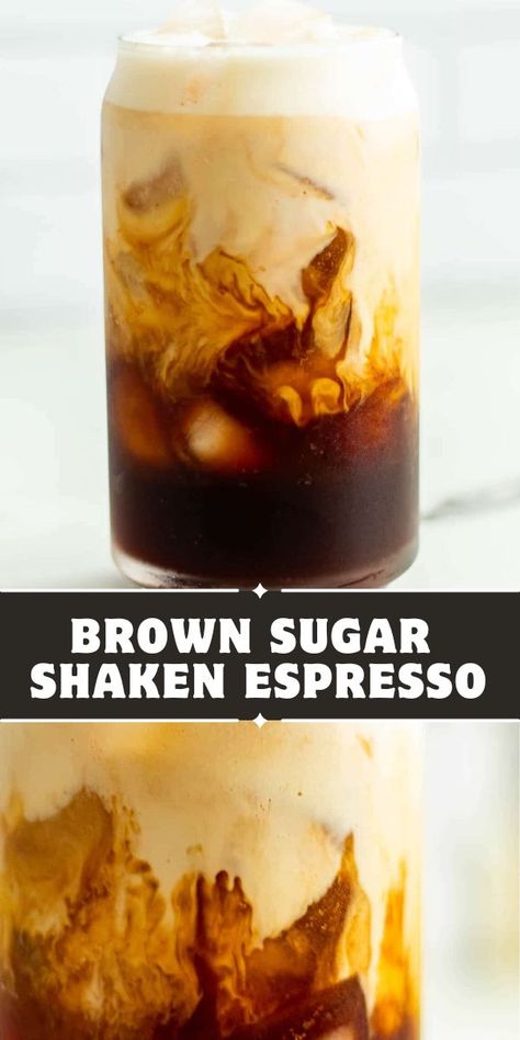 This shaken espresso Starbucks Copycat recipe includes my favorite way to customize it: the Starbucks Iced Brown Sugar Shaken Espresso recipe! You'll love making this easy shaken espresso recipe from the comfort of home, for much less cost! Brown Sugar Shaken Espresso Recipe, Starbucks Brown Sugar Shaken Espresso, Iced Brown Sugar Shaken Espresso, Shaken Espresso Starbucks, Shaken Espresso Recipe, Espresso Machine Recipes, Blended Coffee Recipes, Brown Sugar Shaken Espresso, Espresso Recipe