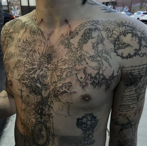 People Covered In Tattoos, Cybersigil Chest Tattoo, Tattoo Design Men Chest, Cybersigilism Chest Tattoo, Tattoos Men Chest, Chest Tattoo Male, Tattoos For Guys Chest, Chest Tattoos Men, Men Chest Tattoo Ideas