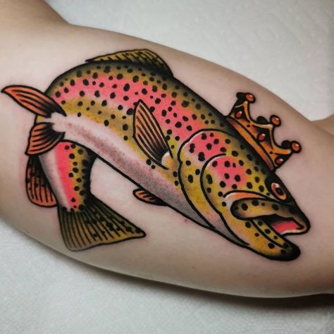 American Traditional Trout Tattoo, Traditional Trout Tattoo, Human Bouquet, Rainbow Trout Tattoo, Trout Tattoo, Traditional Tattoo Stencils, Tattoo Board, Amazing Tattoos, Traditional Tattoo Design