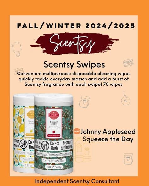 Introducing Scented Swipes, the perfect solution for keeping your space fresh and clean! These convenient, pre-moistened cleaning wipes are designed to tackle everyday messes on all nonporous surfaces. Each wipe is infused with a delightful Scentsy fragrance, making cleaning a more enjoyable experience. The disposable wipes are free of parabens, dyes, sulfates, phosphates, and ammonia, ensuring a safe and effective cleaning solution. With 70 wet wipes in each pack, you’ll have plenty on hand ... Scentsy Swipes, Fragrance Making, Scentsy Scent, Scentsy Fragrance, Apple Seeds, Scentsy Consultant, Wet Wipes, Fresh And Clean, Cleaning Wipes