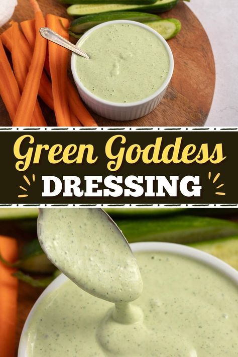 You will want to put this tasty Green Goddess dressing on everything! It's made with simple ingredients, and it's a great way to add color to your meals. Green Godesses Dressing, Green Goddess Ranch Dressing, Mediterranean Sauces, Green Goddess Recipe, Green Goddess Dressing Recipe, Mediterranean Sauce, Sauce Ideas, Goddess Dressing Recipe, Green Goddess Dip