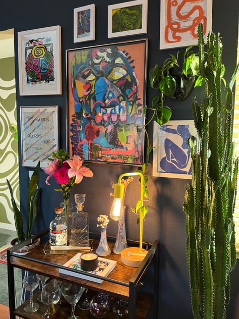 Maximalist Tv Wall, Light Maximalism, Manchester Flat, Bedroom Maximalist, Wall Galleries, Apartment Must Haves, Room Vibes, Hanging Diy, Bedroom Remodel