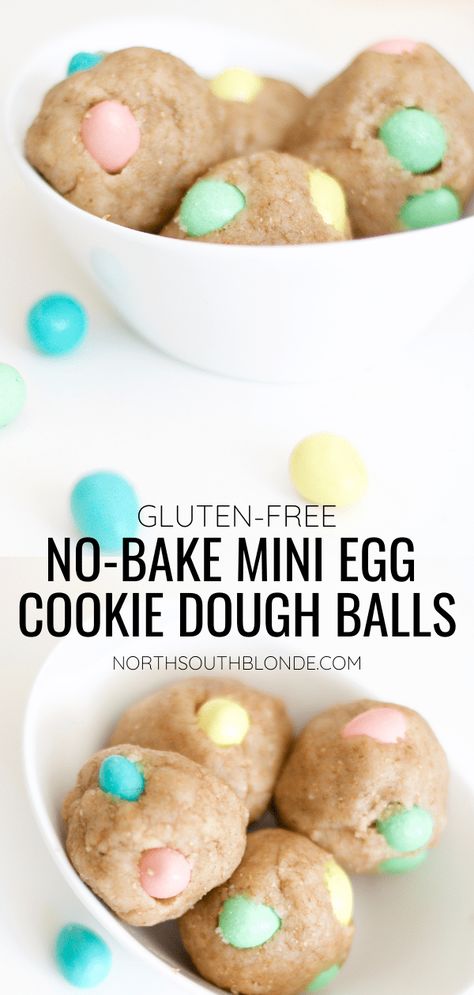 These mini egg cookie dough balls are easy to make, no-bake, gluten-free, and filled with chocolate Cadbury Mini Eggs. A perfect snack or dessert and a fun Easter activity for the kids! | Snacks | Desserts | Easy recipes | Easter | Toddler Activities | Kid Friendly | Toddler Food | No Bake | Eggless | Safe to Eat | Easter Cookies | Cookie Balls | Easter Eggs | Spring and Easter | Easter Desserts | Edible Dough | Pastel colours | Chocolate | Mini Egg Protein Balls, Toddler Easter Dessert, Easter Snacks Gluten Free, Easter Baked Goods For Kids, Easter Treats Gluten Free, Gluten Free Mini Egg Cookies, Easter Gluten Free Desserts, Gluten Free Easter Cookies, Easter Healthy Treats