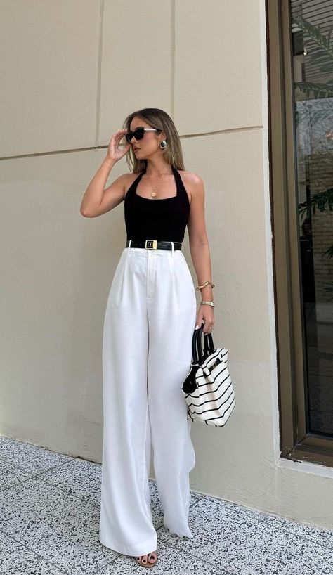 Women Italian Style, Socal Outfit Aesthetic, Elegant Comfortable Outfit, How To Wear Flowy Pants, Light Feminine Style, Dubai Outfits Ideas Summer Classy, Beachy Work Outfits, Wide White Pants Outfit, Chic Tops Classy