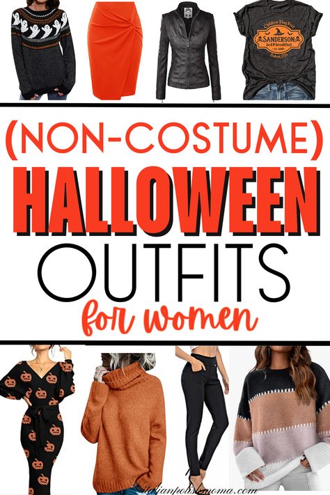 Halloween outfit ideas for women that are non costume and cute to wear Coolest Outfits Women, Halloween Costume Ideas Women For Work, Cute Halloween Outfits For Women Casual, Work Halloween Outfits Women, Corporate Halloween Outfit, Festive Halloween Outfits, Classy Halloween Outfit, Halloween Dinner Outfit, Comfy Halloween Outfits