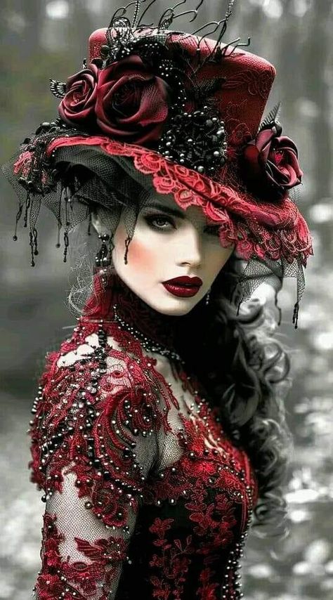 Steampunk Red Queen, Victorian Hats Woman Goth, Gothic Steampunk Art, Steampunk Gothic Fashion, Steam Punk Hats Woman, Victorian Steampunk Hairstyles, Glam Witch Outfit, New Orleans Gothic Aesthetic, Steampunk Goth Outfits