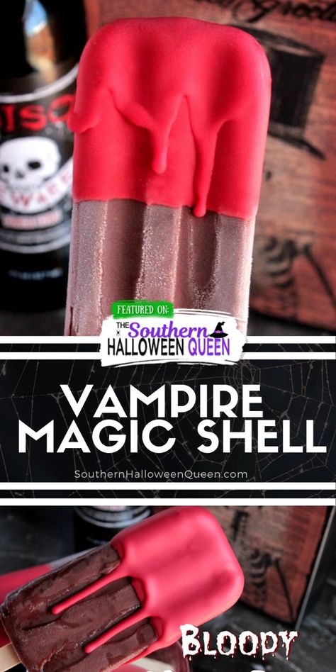 Dip homemade popsicles or store bought ones into this Vampire Magic Shell - Bloody Magic Shell for a hauntingly special treat!  Or drizzle it over scoops of ice cream for an eerie evening dessert! Magic Shell Ice Cream Topping, Vampire Magic, Homemade Magic Shell, Scoops Of Ice Cream, Ice Cream Popsicle, Magic Shell, Red Velvet Cake Mix, Homemade Popsicles, Stuffed Shells Recipe