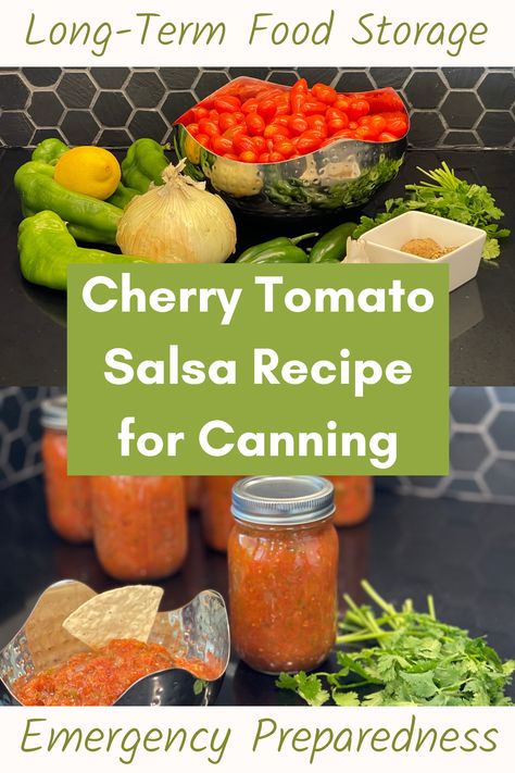 This salsa recipe is an approved canning recipe from USU extension, but made with cherry tomatoes. The yield is 6 pints, which can be completed from the start of making the salsa to completing the canning process in about 2 hours. Grab your supplies and let's get canning. Cherry Tomato Salsa Recipes Canning, Roasted Cherry Tomato Salsa, Cherry Tomato Salsa Recipe, How To Can Salsa, Tomato Salsa Canning, Can Salsa, Salsa Recipe For Canning, Canned Salsa Recipes, Canning Tomatoes Recipes