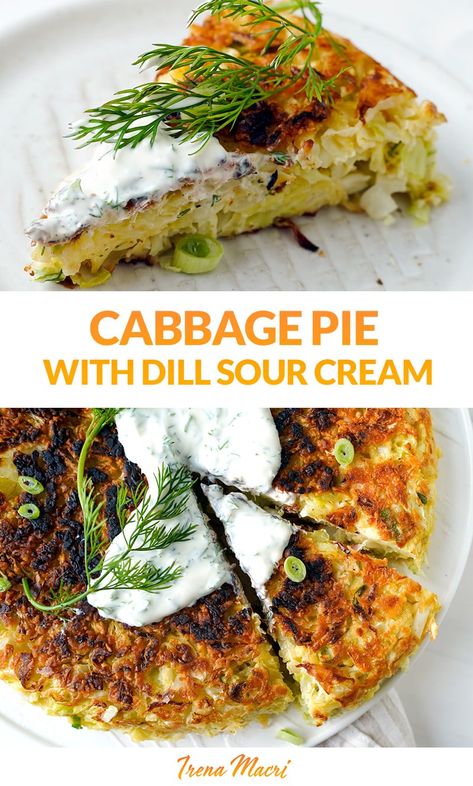 Showcasing my Ukrainian roots with a good-old cabbage pie recipe with sour cream dill sauce. Made in a skillet, this dish is budget-friendly, healthy and easy to make and can be served as a main or a side dish. Gluten-free, vegetarian, low-carb friendly. This is similar to a cabbage casserole dish. Low Fodmap Cabbage Recipes, Low Fodmap Side Dishes, Cabbage Pie, Recipe With Sour Cream, Sour Cream Recipes, Cabbage Casserole, Dill Sauce, Vegetarian Cabbage, Cabbage Recipes