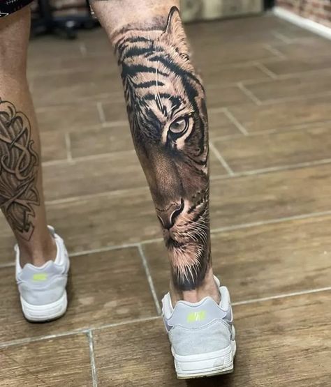 Tiger Tattoo For Men Leg, Tiger Leg Sleeve Tattoo Men, Tiger Leg Tattoo Men, Tattoo Ideas For Men Leg Calves, Leg Tattoo Men Calves, Tiger Knee Tattoo, Tiger Tattoo Leg, Tiger Tattoo On Leg, Tiger Leg Tattoo