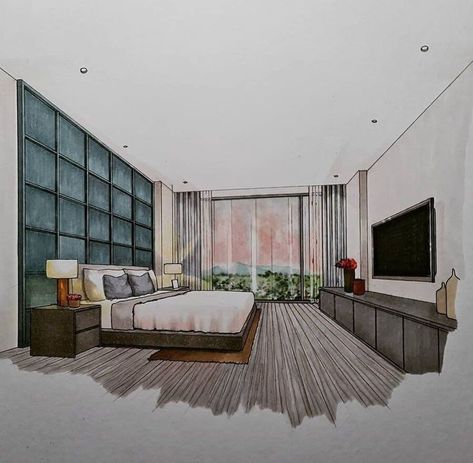 One Point Perspective Drawing Bedroom, Hotel Room Drawing, Room Perspective, Room Perspective Drawing, Interior Architecture Sketch, Interior Design Portfolio Layout, Interior Design Sketchbook, Furniture Design Sketches, Architecture Drawing Sketchbooks