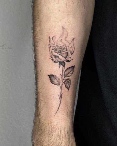 Rose In Flames Tattoo, Burning Rose Tattoo Men, Rose Tattoo For Men Forearm, Rose With Flames Tattoo, Flame Rose Tattoo, Flaming Rose Tattoo, Male Rose Tattoo, Rose Tattoo Design For Men, Burning Rose Tattoo