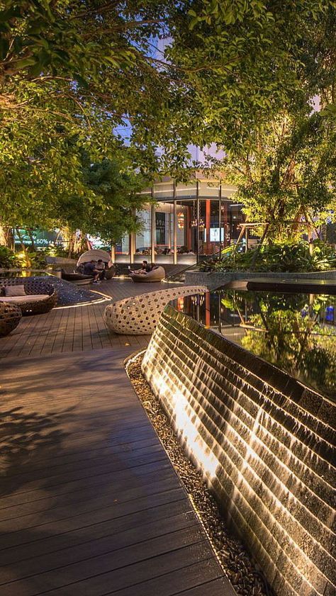 Hotel Garden Landscape, Lighting Landscape Design, Hotel Landscape Design, Public Garden Design, Luxury Landscape Design, Waterscape Design, Landscape Hotel, Modern Water Feature, Hotel Landscape