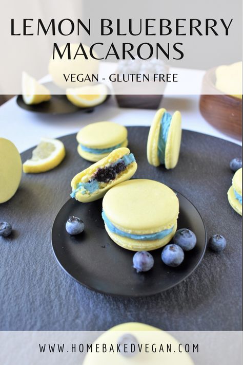 Vegan Lemon Flavoured Yellow Macarons with Blue Frosting and Blueberry Filling Lemon Blueberry Vegan, Homemade Lemon Frosting, Aquafaba Meringue, French Macaroon Recipes, Vegan Macarons, Macaron Recipes, Lemon And Blueberry, Lemon Macarons, Blueberry Filling