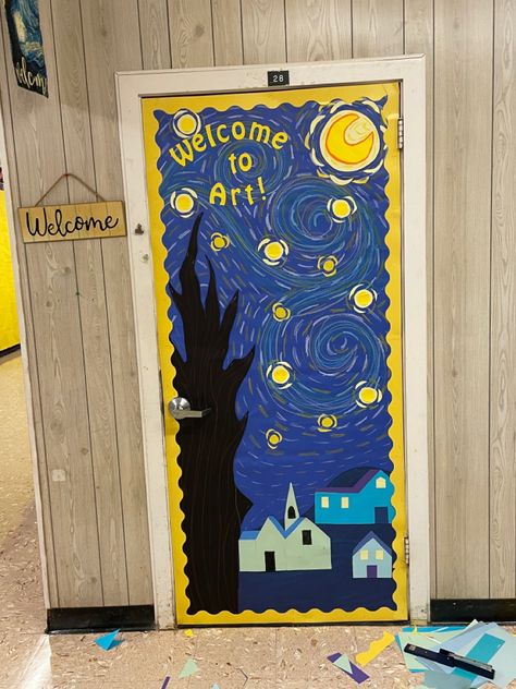 Art Room Door Decoration, Art Classroom Bulletin Boards, Classroom Door Design, Art Room Doors, Room Door Decorations, Art Classroom Decor, Arte Van Gogh, Hanging Artwork, Starry Night Van Gogh