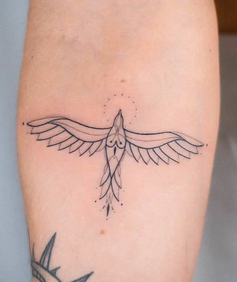 Small Rebirth Tattoo, Phoenix Tattoo Design Fine Line, Dainty Phoenix Tattoos For Women, Native American Phoenix Tattoo, Phoenix Tattoo Small Minimalist, Mini Phoenix Tattoo Feminine, Phoenix Tattoos Feminine, Words Down Side Tattoo, Minimal Phoenix Tattoo Design