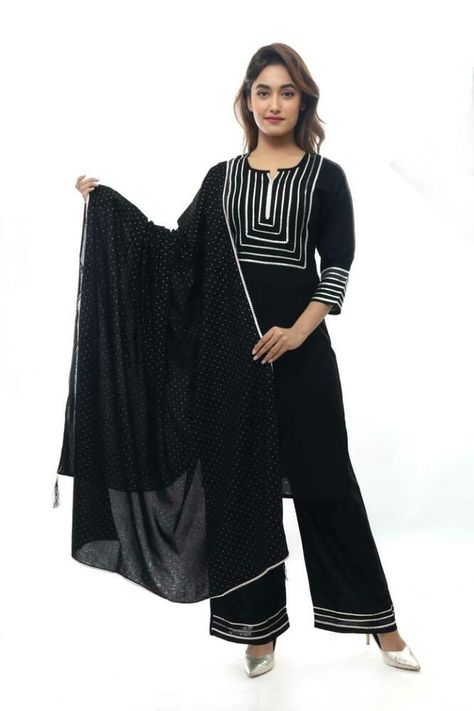 Black Shalwar Kameez, Black Salwar, Black Salwar Kameez, Palazzo Kurta, Beautiful Kurti, Designer Dupatta, Ethnic Kurti, Indian Kurta, Printed Kurti