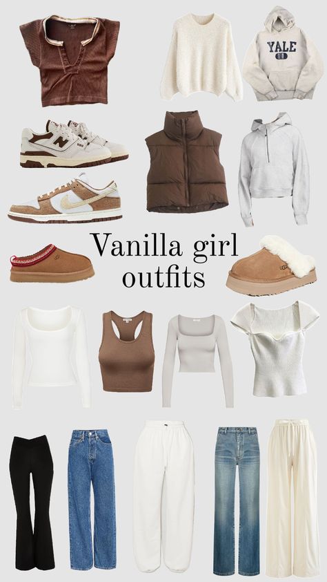 vanilla girl must haves!!! Vanilla Outfits For School, Vanilla Girl Must Haves, Cute Vanilla Girl Outfits, Vanilla Girl Wardrobe, Vanilla Girl Fits, Vanilla Girl Clothes, Vanilla Girl Aesthetic Outfits, Vanilla Fits, Girl Must Haves