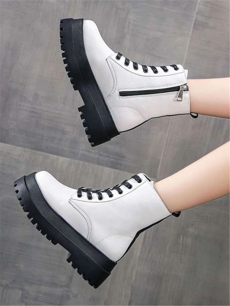 Zip Side Lace-up Combat BootsCheck out this Zip Side Lace-up Combat Boots on Romwe and explore more to meet your fashion needs! Leather Ankle Boots Women, White Platform Boots, Chunky Ankle Boots, Gothic Boots, Platform Boots Chunky, Popular Boots, Ankle Boots Women, Buy Boots, Punk Boots