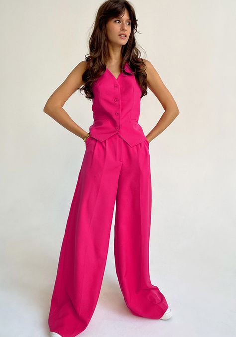 Vest Suit Women's, Wide Leg Trousers Outfit, Hot Pink Outfit, Wide Leg Pant Suit, Button Vest, Trouser Outfit, Elegant Blazers, Pink Vest, High Waist Wide Leg Pants