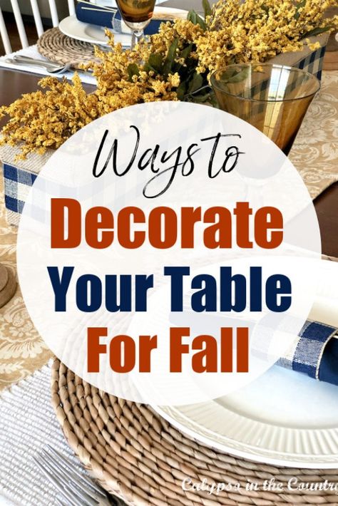 Blue and gold table accessories for fall Fall Place Setting Ideas, Fall Table Scapes Ideas, Table Placemats Ideas, Fall Table Ideas, Simple Fall Table Decor, Fall Table Setting Ideas, Seagrass Placemats, Table Fall Decor, Fall Dining Room Table