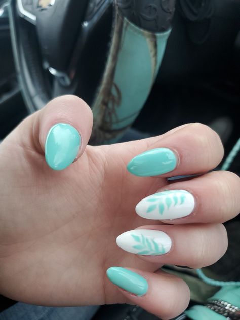 Nails, blue, white, acrylic, color White And Turquoise Nails Acrylic, Almond Nails Designs Turquoise, Mint White Nails, White And Mint Green Nails, Mint Green And White Nails, White And Teal Nails, Blue And White Nails Acrylic, Teal And White Nails, Turquoise Nail Designs