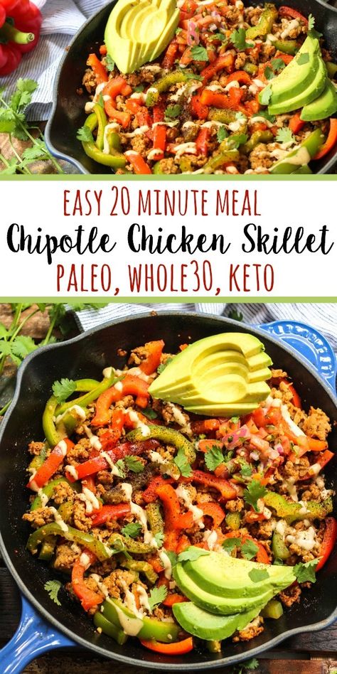 Whole30 Chipotle Chicken Skillet (Paleo, Keto, GF) - Whole Kitchen Sink Paleo Taco Skillet, Paleo Dos And Donts Food, Whole30 Ground Chicken Recipes, Easy Dinner Recipes Whole 30, Quick Whole 30 Recipes, Whole 30 Zucchini Recipes, Whole 30 Protein, Whole 30 Food List, Quick Whole 30 Dinner