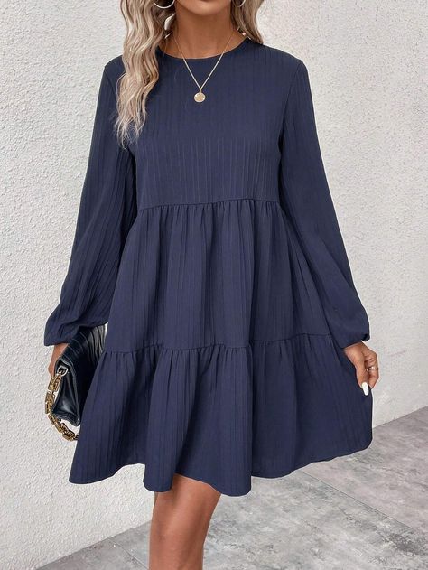 SHEIN LUNE Solid Ruffle Hem Smock DressI discovered amazing products on SHEIN.com, come check them out! Dark Navy Dress, Smocked Dresses, Dresses Spring, Ruffle Sleeve Dress, Bishop Sleeve, Dress For Short Women, Loose Dress, Navy Dress, Smock Dress