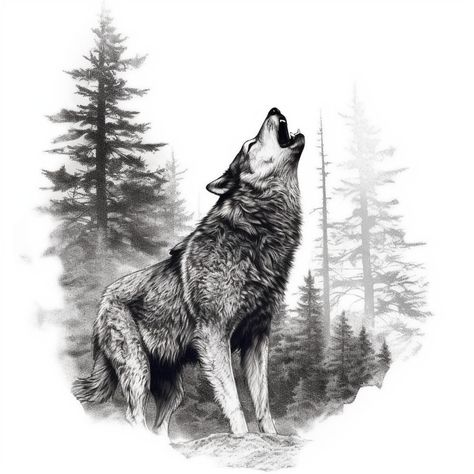 Wolf Hunting Tattoo, Wolf And Tree Tattoo, Wolf Forest Tattoo, Wolf Drawing Tattoo, Wolves Tattoo, Howling Wolf Tattoo, Wolf Sleeve, Wolf Forest, Tre Kunst