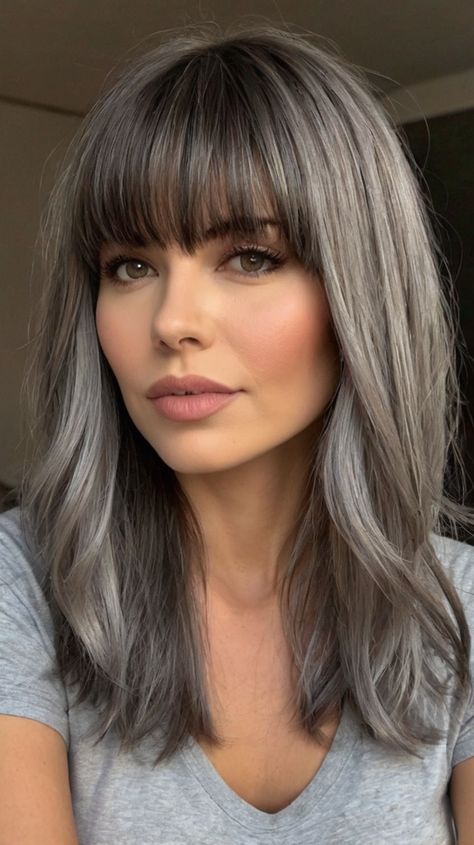 👩 Craving a fresh style? Create a low-maintenance yet stylish look with this Straight Cut with Micro Bangs medium length gray hairstyles with bangs. Master the art of creating voluminous updos. Helps reduce daily styling time by up to 50%. Easy to maintain and style at home. Click for a step-by-step guide! #StraightCutwithMicroBangsmediumlengthgrayhairstyleswithbangs Medium Length Haircut Straight Hair With Bangs, Shoulder Length Grey Hair With Bangs, Medium Length Hair With Bangs Over 40, Medium Length Haircut Bangs, Gray Hairstyles With Bangs, Gray Hair With Bangs, Grey Transition, Micro Bangs, Shoulder Length Hair With Bangs