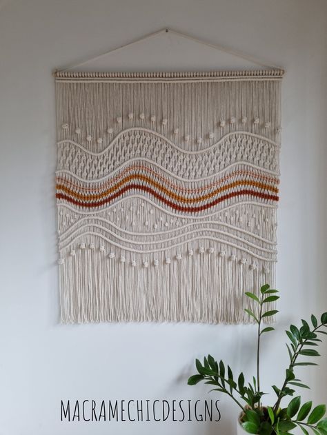 The JACINTA is a handcrafted, large macrame wall-hanging created with high quality recycled cotton cord in Perth, Western Australia. The unique design and warm colour palate used in this original Macramechic creation have been inspired by our beautiful Outback landscape.  The flowing lines and carefully chosen combination of knotted macrame patterns draws the eye to this statement piece. The three colours woven through the centre panel in a dot - like pattern are seen here in Latte, Dijon and Tu Casual Cream Macrame Shoulder Bag, Sunrise Macrame, Macrame Horizontal Line, Easy Macrame Wall Hanging, Macrame Tutorial Beginner, Intricate Macrame, 1970s Macrame, Macrame Wall Hanging Large, Macrame Home Decor