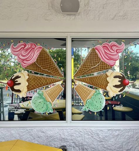 Art Connie Z Ice Cream Shop Window Display, Ice Cream Shop Mural, Business Window Painting, Wings Mural, Painting Windows, Painted Window Art, Window Paint, Ice Cream Business, Summer Window