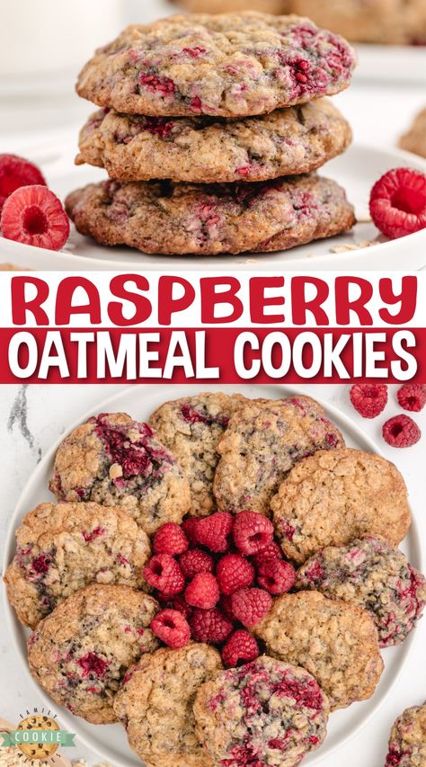 RASPBERRY OATMEAL COOKIES - Family Cookie Recipes Raspberry Oatmeal Cookies, Raspberry Oatmeal Muffins, Raspberry Cookie Recipes, Food Essentials, Oatmeal Cookie Recipe, Raspberry Oatmeal, Best Oatmeal Cookies, Awesome Desserts, Oatmeal Breakfast Cookies