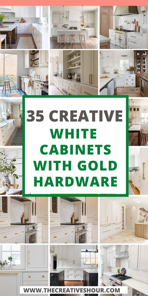 Elevate your living spaces with the timeless elegance of white cabinets paired with stunning gold hardware. Whether it's your dream kitchen with black countertops, a luxurious bathroom, or stylish open shelving, the combination of white cabinets and gold accents creates an aura of sophistication. Explore various options, from the classic white kitchen cabinets with gold hardware to the chic appeal of white shaker cabinets or the seamless integration in your bathroom design." White Cabinet With Gold Hardware, White Shaker Kitchen With Gold Hardware, White Kitchen Cabinets With Gold Accents, White Cabinets With Gold Handles, White Kitchens Gold Hardware, White Kitchens With Gold Accents, Kitchen With White Cabinets And Gold Hardware, Cream Kitchen With Gold Hardware, Gold Hardware On White Cabinets