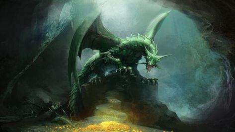 Green Dragon by Unknown artist Poison Wallpaper, Dragons Artwork, Dragon Treasure, Dragon Lair, Green Dragons, Emerald Dragon, Dragon Anatomy, Dragon Cave, Dragon Green