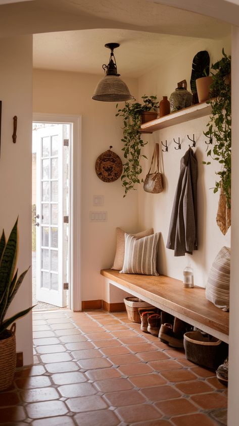 21+ Cozy Spanish Style Mudroom Ideas You'll Love Entryway With Cabinets, Mid Century Mudroom Ideas, Walk In Hallway Entry Ways, Mud Room Built Ins With Bench, Entryway Office Ideas, Spanish Mudroom, Small Entry Mudroom, Mirror Mudroom, No Mudroom Solution