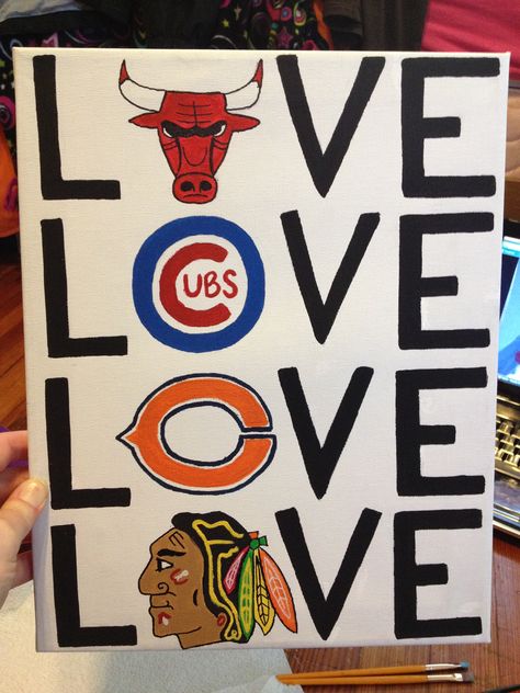 need to make this. canvas, stencils, maybe use team stickers or patches instead of drawing? Bears Chicago, Chicago Sports Teams, Cubs Logo, Chicago Poster, Cubs Win, Go Cubs Go, Sport Canvas, Sports Signs, Chicago Sports