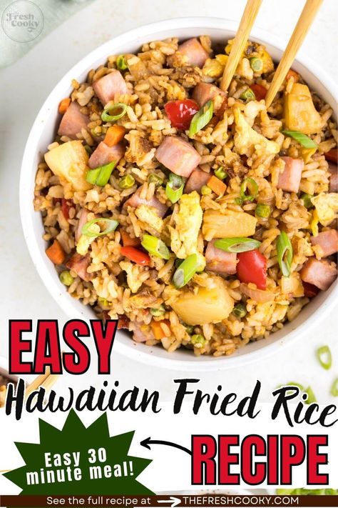 One skillet, 30 minutes to this easy Hawaiian fried rice! A great use for leftover ham, this pineapple and ham fried rice is a family favorite. Get the tips via @tehfreshcooky #leftoverham #Hawaiianfriedrice Ham Pineapple Fried Rice, Hawaiian Fried Rice Recipe, Easter Leftover Recipes, Cooked Rice Recipes, Hawaiian Fried Rice, Ham And Pineapple, Ham Fried Rice, Side Dishes For Ham, Gf Dinner