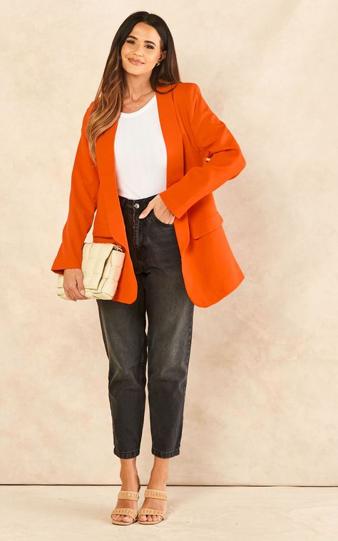 Orange Blazer Outfits, Orange Blazer, Stylish Blazer, Orange Outfit, Leggings Shorts, Orange Colour, Oversized Long Sleeve, Oversized Blazer, Blazer Outfits